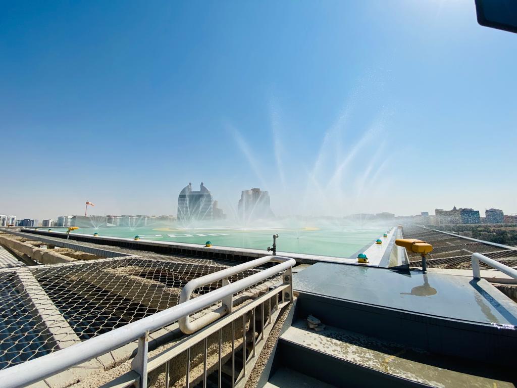 Firefighting monitors installed on the aluminium landing platforms of a helipad